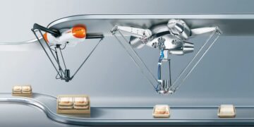 robots delta industriales KUKA en línea automatizada de envasado y manipulación de alimentos